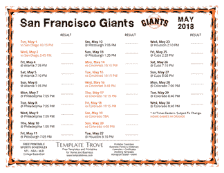 May 2018 San Francisco Giants Printable Schedule