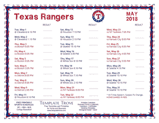 May 2018 Texas Rangers Printable Schedule