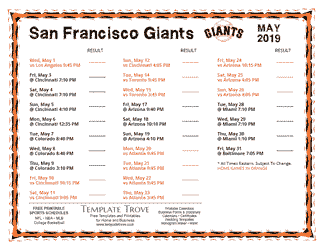 May 2019 San Francisco Giants Printable Schedule