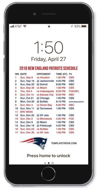 2018 New England Patriots Lock Screen Schedule