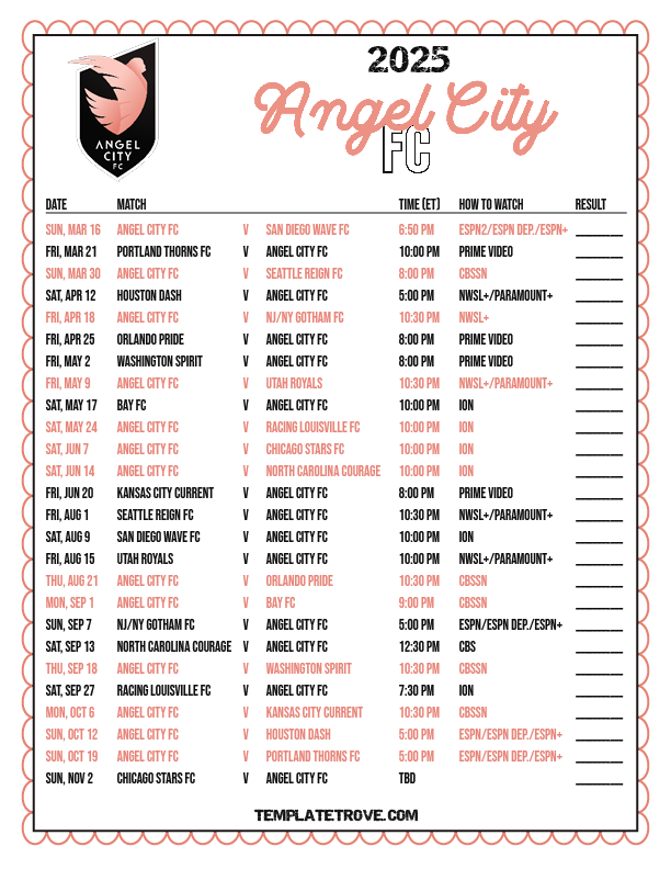 Printable Angel City Fc Soccer Schedule