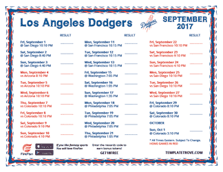 September 2017 Los Angeles Dodgers Printable Schedule