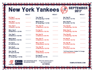 September 2017 New York Yankees Printable Schedule