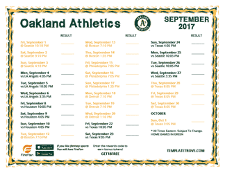 September 2017 Oakland Athletics Printable Schedule