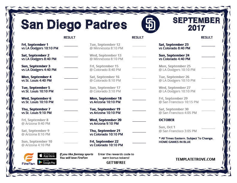 Padres Printable Schedule Customize and Print