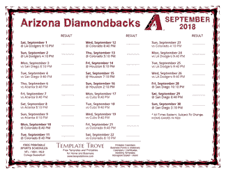 September 2018 Arizona Diamondbacks Printable Schedule