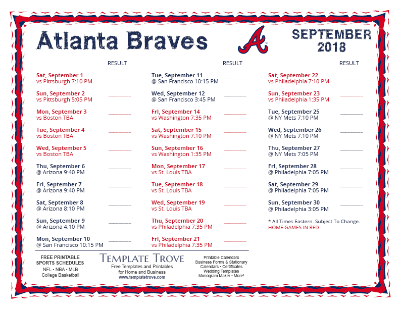 Printable 2018 Atlanta Braves Schedule