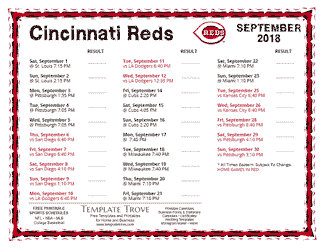 September 2018 Cincinnati Reds Printable Schedule