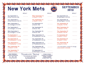 September 2018 New York Mets Printable Schedule
