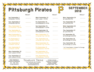 September 2018 Pittsburgh Pirates Printable Schedule