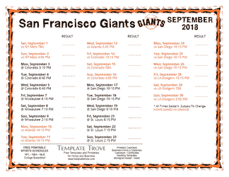 September 2018 San Francisco Giants Printable Schedule
