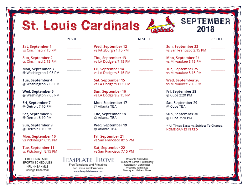 Printable 2018 St. Louis Cardinals Schedule