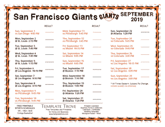 September 2019 San Francisco Giants Printable Schedule