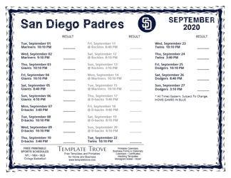 September 2020 San Diego Padres Printable Schedule