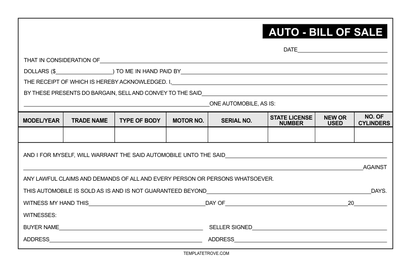 Missouri Auto Bill Of Sale