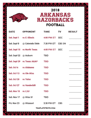 Arkansas Razorbacks Football 2018 Printable Schedule