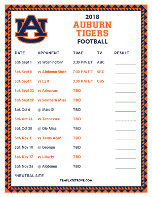 Auburn Tigers Football 2018 Printable Schedule