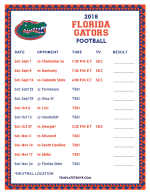 Florida Gators Football 2018 Printable Schedule