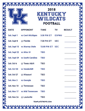 Kentucky Wildcats Football 2018 Printable Schedule