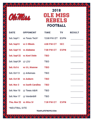 Ole Miss Rebels Football 2018 Printable Schedule