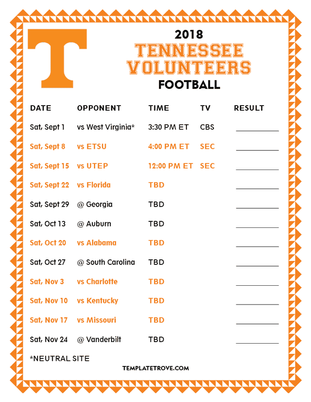 2018 Printable Tennessee Football Schedule PNG 792 