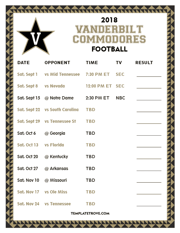 Printable 2018 Vanderbilt Commodores Football Schedule