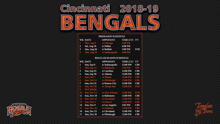Bengals 2018 Regular Season Schedule