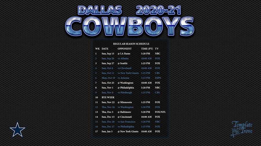 2020-2021 Dallas Cowboys Wallpaper Schedule