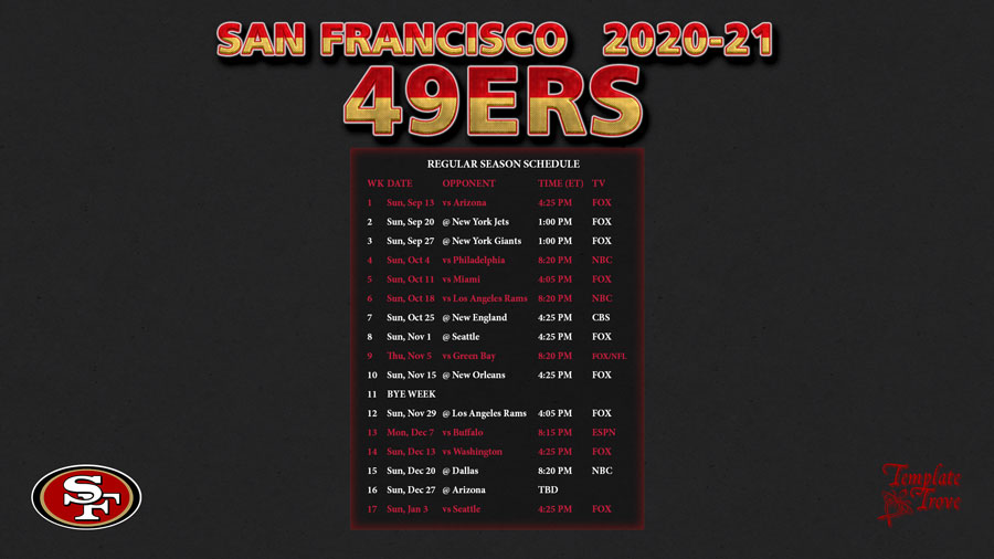 2020 2021 San Francisco 49ers Wallpaper Schedule