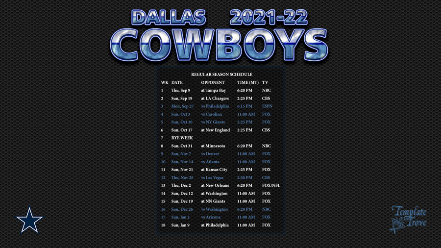 2021-2022 Dallas Cowboys Wallpaper Schedule
