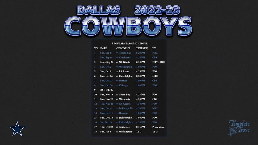 2022-2023 Dallas Cowboys Wallpaper Schedule