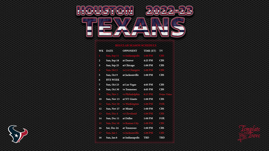 2022-2023 Houston Texans Wallpaper Schedule