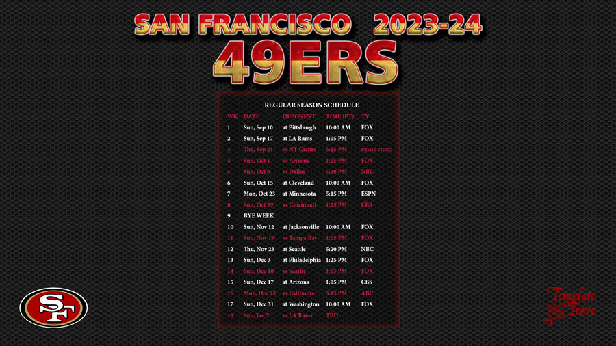 San Francisco 49ers Schedule 2024 2024 Pdf Darice Bendite