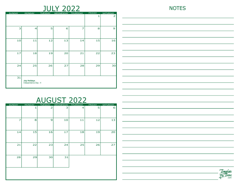 2 Month Calendar 2022