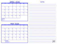 2026 2 Month Calendar - April and May