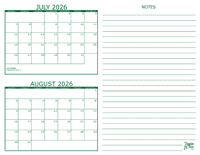 July and August 2026 2 Month Calendar