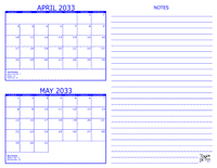 2033 2 Month Calendar - April and May