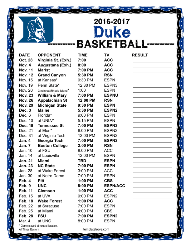 Printable 2016-2017 Duke Blue Devils Basketball Schedule