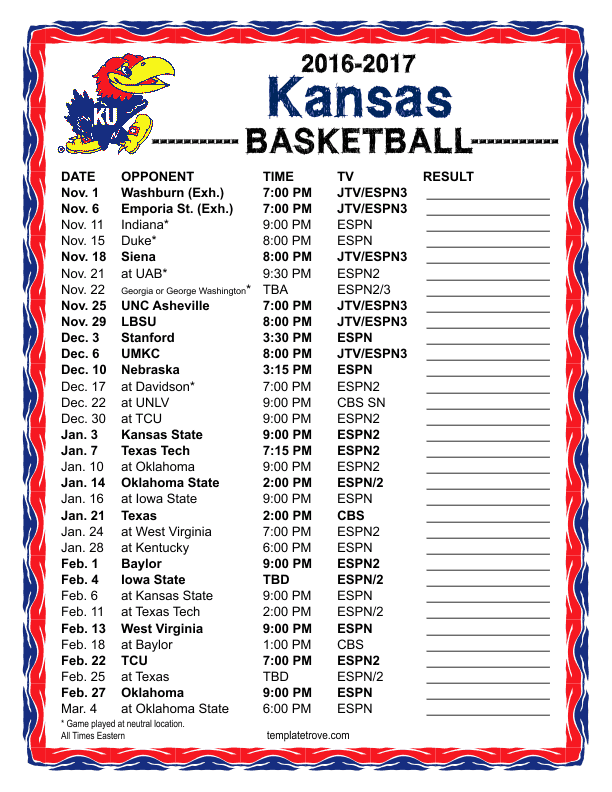 Printable 20162017 Kansas Jayhawks Basketball Schedule