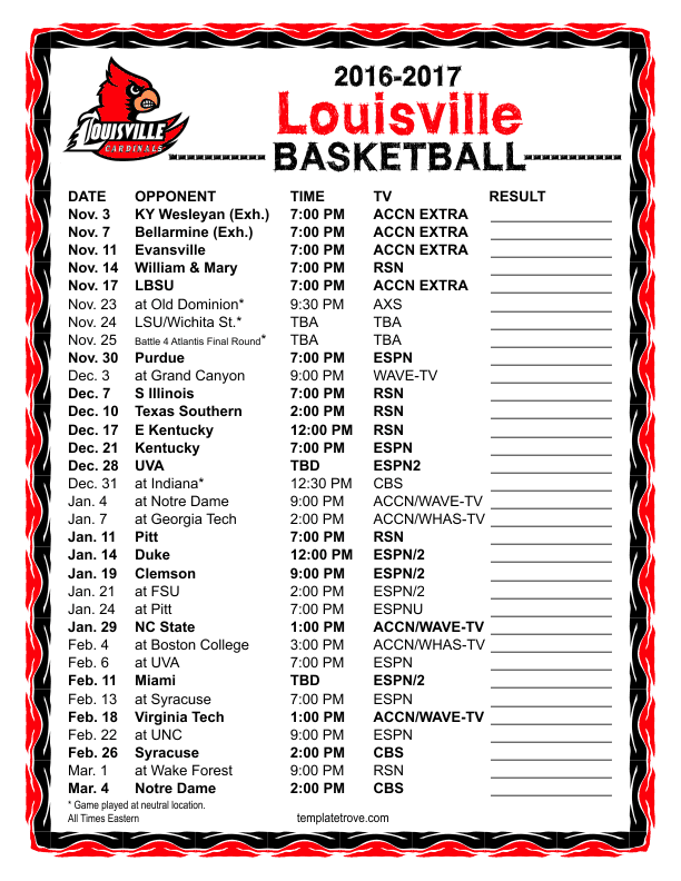 Printable 2016-2017 Louisville Cardinals Basketball Schedule