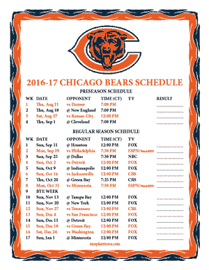 Chicago Bears 2016-17 Printable Schedule