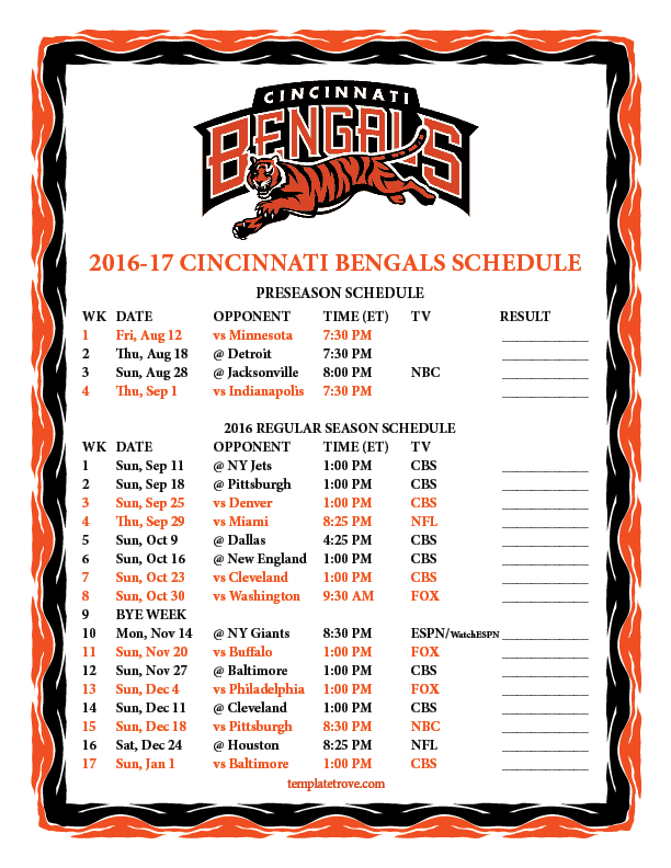 Printable 2016-2017 Cincinnati Bengals Schedule