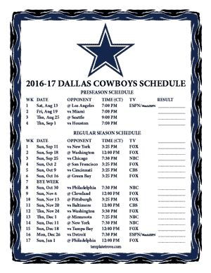 Dallas Cowboys 2016-17 Printable Schedule