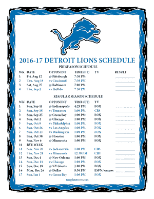 Detroit Lions 2016-17 Printable Schedule