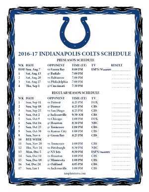 Indianapolis Colts 2016-17 Printable Schedule