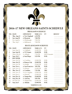 New Orleans Saints 2016-17 Printable Schedule