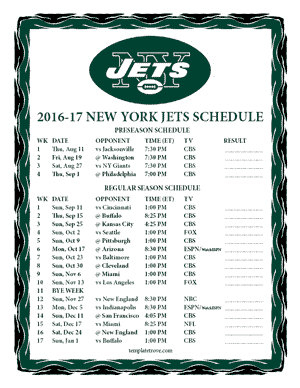 New York Jets 2016-17 Printable Schedule