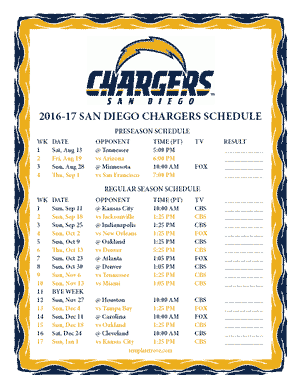 San Diego Chargers 2016-17 Printable Schedule