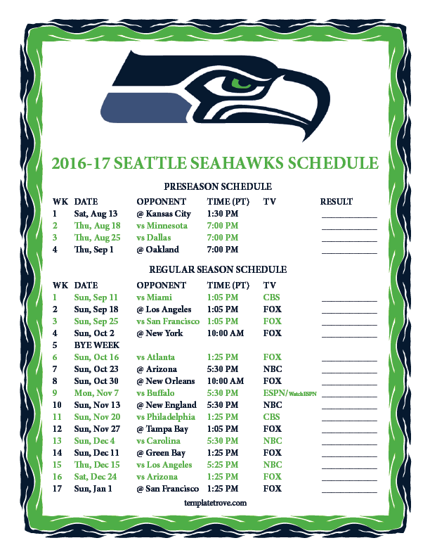 Printable 2016-2017 Seattle Seahawks Schedule