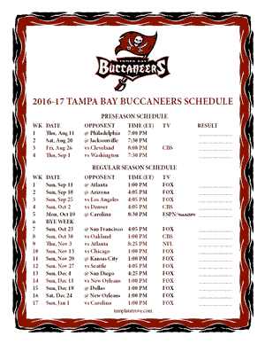 Tampa Bay Buccaneers 2016-17 Printable Schedule